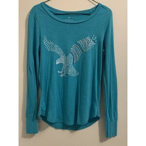 American Eagle Outfitters AEO Logo T-Shirt Small S Long Sleeve Turquoise